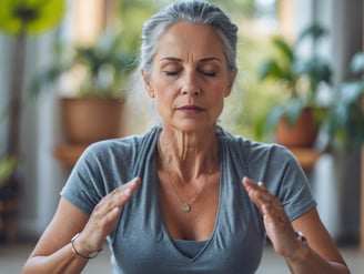 une femme en chemise grise fait du yoga