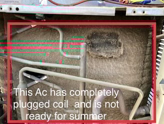 AC has completely clogged coil and is not  ready for summer-bad maintenance example