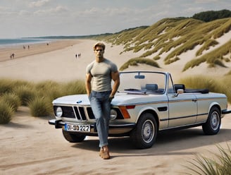 Alex mit seinem BMW Oldtimer Cabriolet am Strand