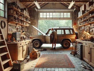 Tom in seiner Werkstatt mit seinem Geländewagen