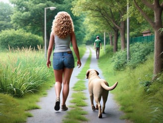 Hannah beim Spatziergang mit ihrem Hund Max