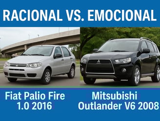 Comparativo entre Fiat Palio Fire 1.0 2016 e Mitsubishi Outlander V6 2008, representando uma compra
