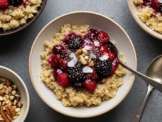 The image shows bowls of quinoa topped with fresh berries, nuts, and coconut flakes.