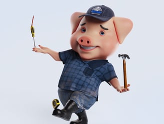 personagem cartoon, porco que trabalha numa ferragem, desastrado, 3D render, posição natural