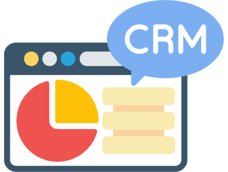 Graphic of a CRM software interface with a pie chart and data columns