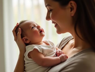 Recém-nascido no colo da mãe olhando para seu rosto com atenção e vínculo visual