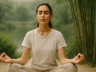Image showing a person meditating, eyes closed, practicing deep breathing in a peaceful environment.