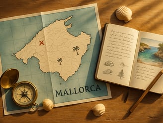 Mapa estilizado de Mallorca con brújula y diario de viaje abierto, simbolizando la planificación para descubrir las calas