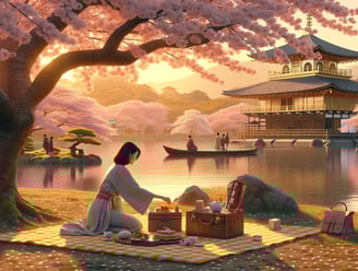 a woman sitting on a blanket in front of a lake