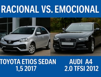 Comparativo entre Toyota Etios Sedan 1.5 2017 e Audi A4 2.0 TFSI 2012, ilustrando uma compra raciona