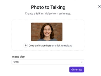 A screenshot showing the Photo-to-Talking feature interface with an example photo being uploaded