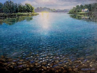 sparkling water, sparkles on a lake, oil on canvas landscape 