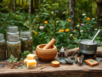 Wooden table displaying the process of making herbal salves: