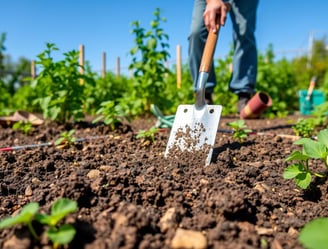 Garden scene showcasing a rich, dark soil bed being prepared for potato planting,.