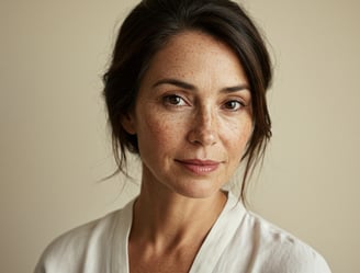 a woman with frecked hair and a white shirt