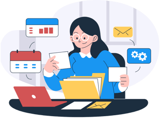 Illustration of a woman working at a desk with a laptop, organizing documents, and managing tasks