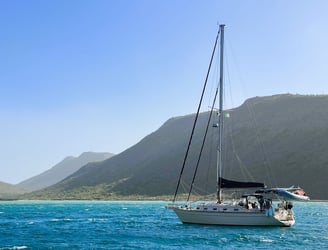 a sailboat in the ocean with a mountain in the background