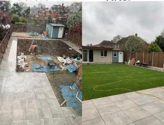 a backyard patio with a lawn and a fence