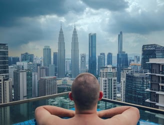 a man in a swimming pool in a city