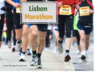 Legs of a group of people running & a custom sign: Lisbon Marathon'