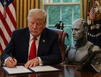 Donald Trump sentado à mesa do Salão Oval da Casa Branca, assinando documentos oficiais com express