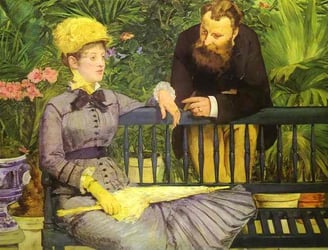a painting of a man and woman sitting on a bench