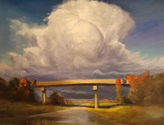 bridge, cloud, oil on canvas painting