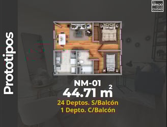 LASU Características Depto.  Plano con 2 recamaras, sala comedor, baño y cocina. 44 m2