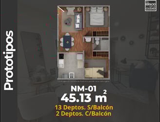 FECA Características Depto.  Plano con 2 recamaras, sala comedor, baño y cocina. 45 m2