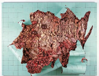 Azulejo gigante com cortes que expõem carne.