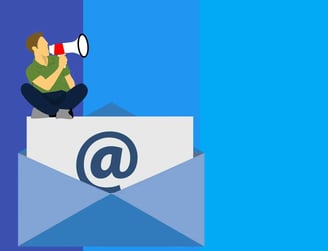 A graphic depicting a man using a megaphone sitting atop a giant email symbol, representing email marketing.