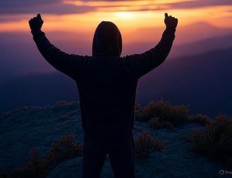Confident model wearing navy Top 500 Million hoodie at sunrise, standing on a cliffside