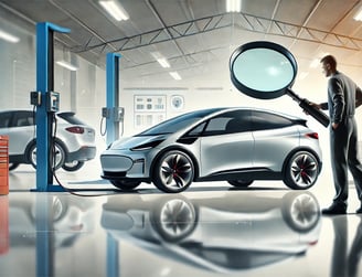 a man is looking at a car in a garage