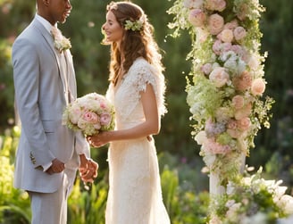 a bride and groom standing in front of a wedding ceremony theme Bridgerton