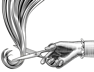 victorian style drawing of scissors cutting long hair