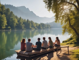a group of people sitting on a bench near a lake