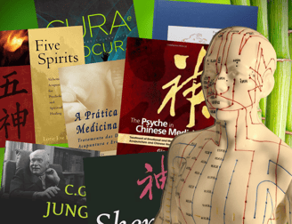 a man with a lot of medical books on display