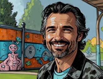 Portrait photo transformed into a comic painting of a man with a beard