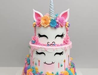 A whimsical cake designed to look like a unicorn, featuring a white face with a colorful mane in blue and pink tones. The cake is adorned with star and circle decorations, primarily in pink, and a golden horn. It appears to be placed on a plain background with a person in yellow clothing partially visible in the blurred background.