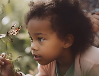 Little African Canadian girl looking at butterfly out in a meadow