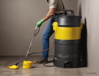 A person in a cleaning uniform is pushing a floor cleaning machine in front of a large wall made of blue-tinted glass blocks. The shadowed silhouette of another person is visible in the foreground, captured mid-step, creating a dynamic sense of motion.