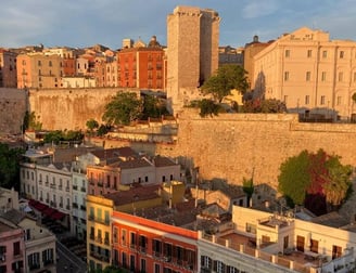 a cityscape of buildings and a castle in cagliari
