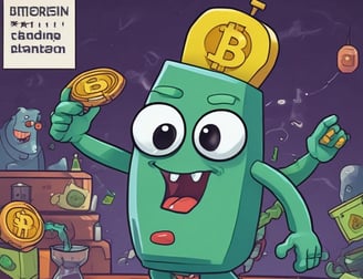 A collection of four coin-like representations of cryptocurrencies including Ethereum, Bitcoin, and Dogecoin. Each coin displays symbols or text related to its respective cryptocurrency. The background features a financial chart with candlestick patterns, suggesting a trading or investment context.