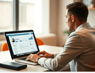 A man sitting at a desk with a laptop, a LinkedIn profile on his laptop screen.