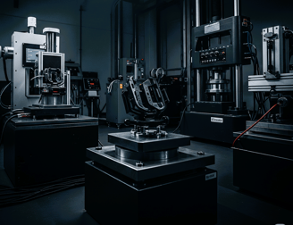  dramatic, dark, cinematic shot emphasizes generic bike mount testing equipment in a dedicated testing facility, devoid of pe
