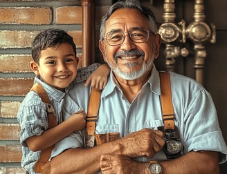 a middle-aged plumber and his grandson smiling 