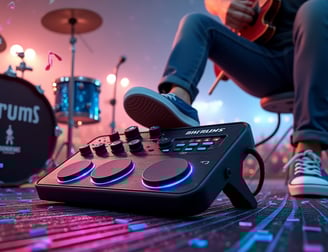 Músico tocando violão ao vivo com o pé no pedal MINI DRUMS sobre um palco pequeno com equipamento de som