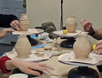 Pottery handbuilding workshop making coffee mugs bowls vases