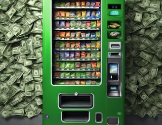 A vending machine is situated outdoors in a park-like setting, surrounded by grass, trees, and a metal trash can. Stacks of colorful drink cans and bottles are visible through the vending machine's glass front.