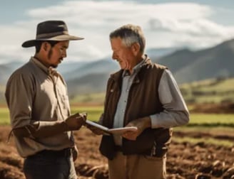 two men standing in a field with a tablet